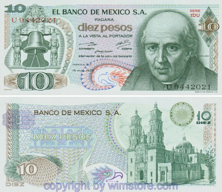 Mexiko, P063h3, 10 Pesos 15.5.1975, Siegel olivgrün, Guilloche violett