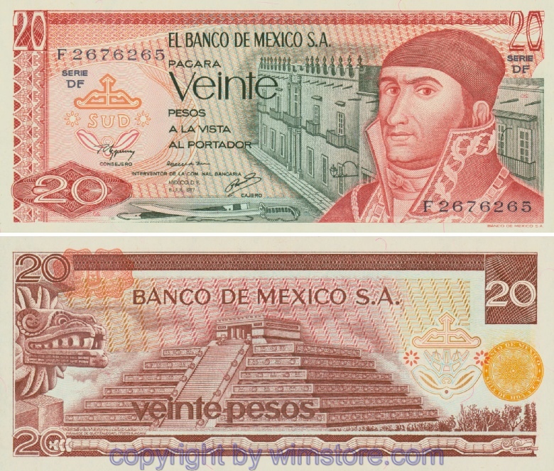 Mexiko, P064d3, 20 Pesos 8.7.1977, Guilloche rot