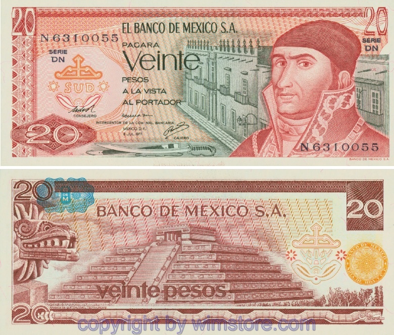 Mexiko, P064d4, 20 Pesos 8.7.1977, Guilloche dunkelblau