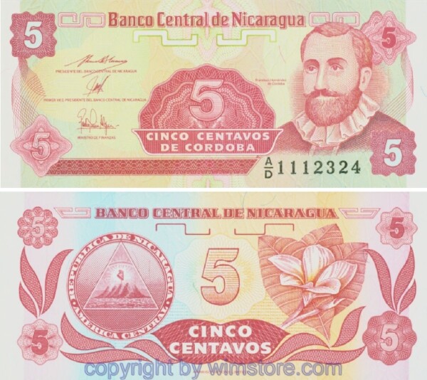 Nicaragua, P168a2, 5 Cordobas (1991)