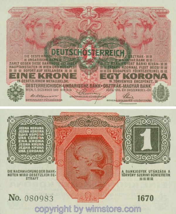 Österreich, 1. Republik, P049, 1 Krone 1.12.1916, Aufdruck "DEUTSCHÖSTERREICH" (1919)