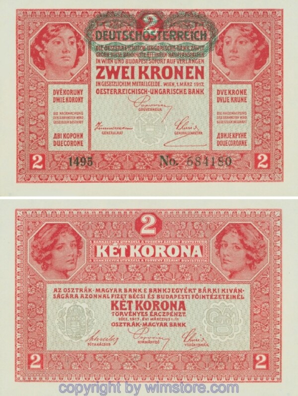 Österreich 1. Republik, P050, 2 Kronen 1.3.1917, Aufdruck "DEUTSCHÖSTERREICH" (1919)