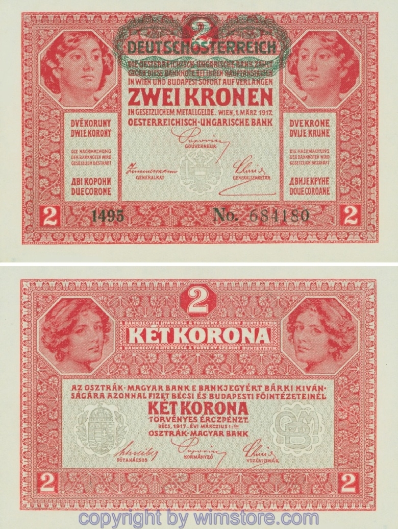 Österreich 1. Republik, P050, 2 Kronen 1.3.1917, Aufdruck "DEUTSCHÖSTERREICH" (1919)
