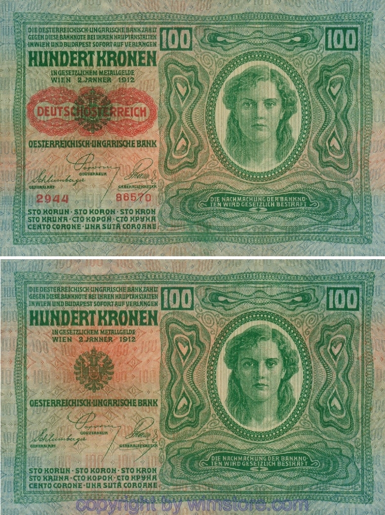 Österreich 1. Republik, P056.1, 100 Kronen 2.1.1912, Aufdruck "DEUTSCHÖSTERREICH" (1919), dickes Papier