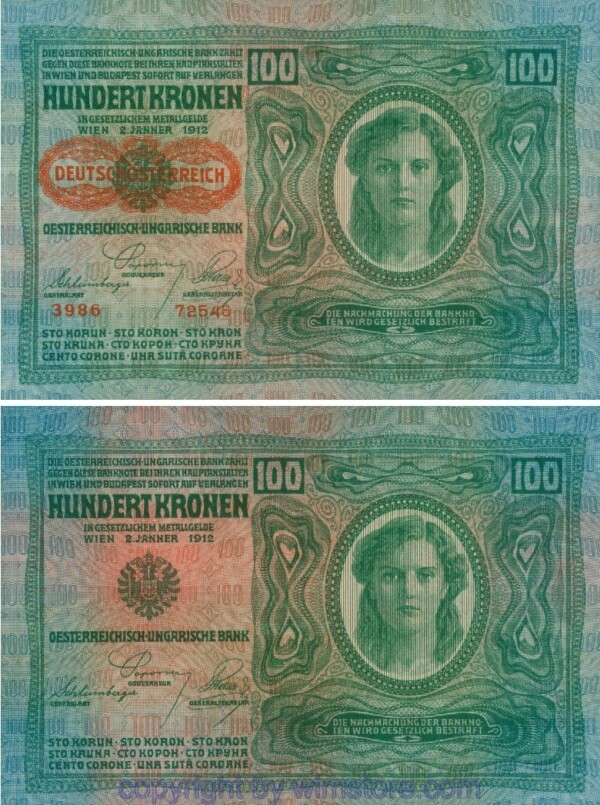 Österreich 1. Republik, P056.2, 100 Kronen 2.1.1912, Aufdruck "DEUTSCHÖSTERREICH" (1919), dünnes Papier