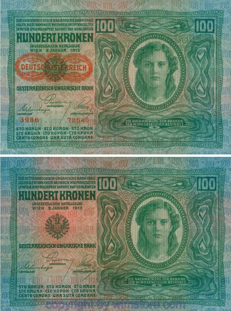 Österreich 1. Republik, P056.2, 100 Kronen 2.1.1912, Aufdruck "DEUTSCHÖSTERREICH" (1919), dünnes Papier