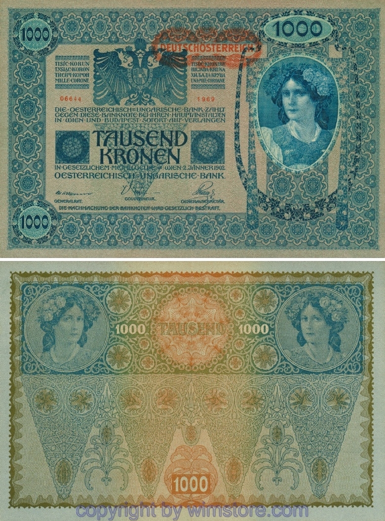 Österreich 1. Republik, P060, 1000 Kronen 2.1.1902, Aufdruck "DEUTSCHÖSTERREICH" (1919)