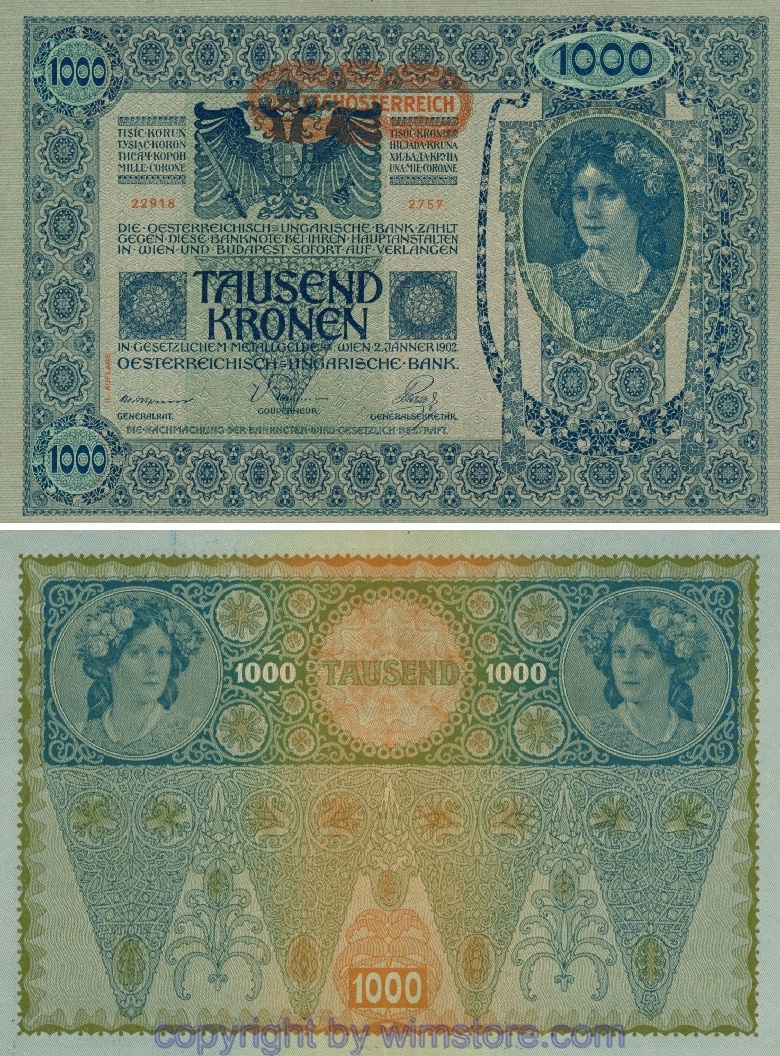 Österreich 1. Republik, P061, 1000 Kronen 2.1.1902, II. Auflage, Aufdruck "DEUTSCHÖSTERREICH" (1919)