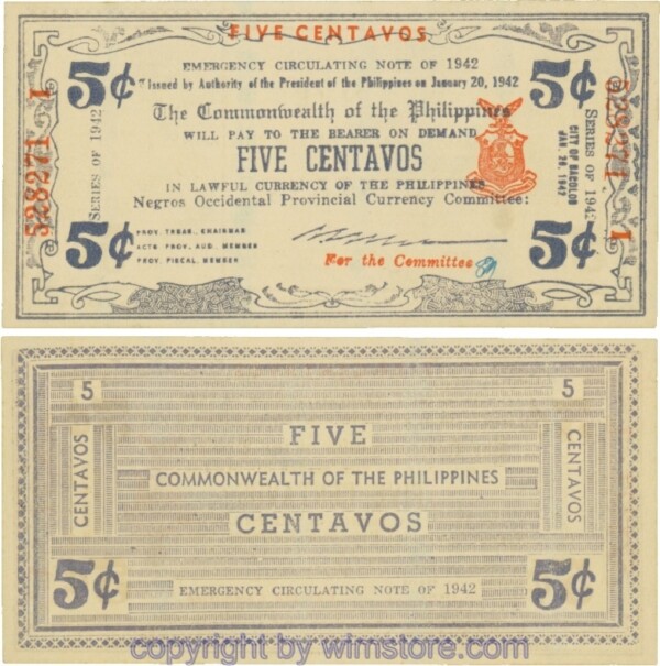 Philippinen Guerilla- und Notausgaben, Negros, PS0640a, 5 Centavos 1942