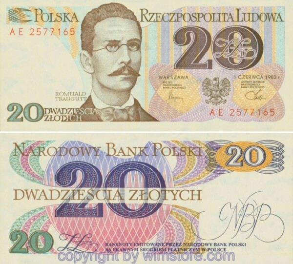 Polen, P149a2, 20 Zlotych 1982, doppel Präfix