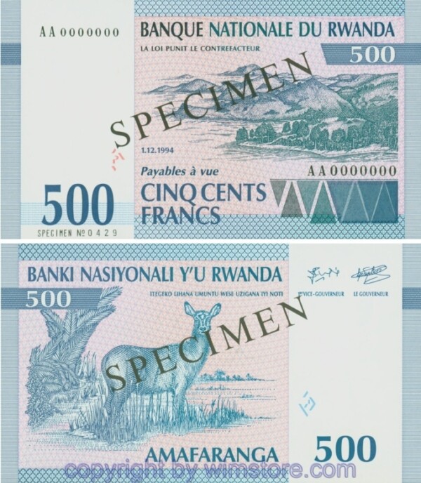 Rwanda, P 23s, 500 Francs 1994, Specimen