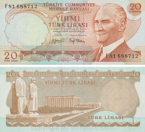Türkei, P 187a, 20 Lira, Law 1970, (1974),Sign. Hakki Aydinoglu u. Tanju Polatkan