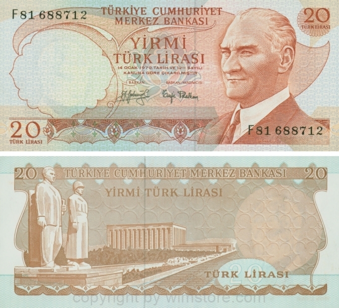 Türkei, P 187a, 20 Lira, Law 1970, (1974),Sign. Hakki Aydinoglu u. Tanju Polatkan