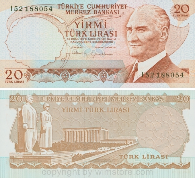 Türkei, P 187b, 20 Lira, Law 1970, (1974), Sign. Osman Şiklar u. Yavuz Canevi