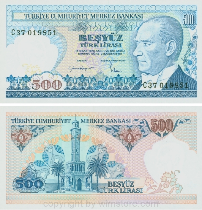 Türkei, P 195, 500 Lira, Law 1970 (1983), Sign. Yavuz Canevi u. Ruhi Haseski