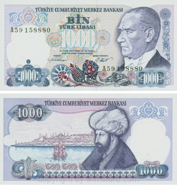 Türkei, P 196, 1000 Lira, Law 1970 (1986), Sign. Yavuz Canevi u. İbrahim Kurt