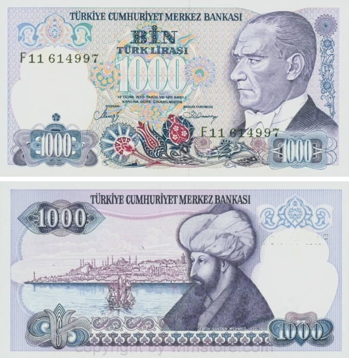 Türkei, P 196, 1000 Lira, Law 1970 (1986), Sign. Rüşdü Saracoglu u. Bediz Demiray