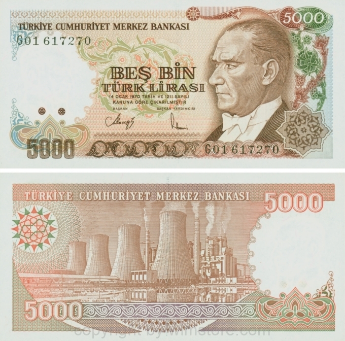 Türkei, P 198, 5000 Lira, Law 1970 (1980), Sign. Rüşdü Saracoglu u. Ruhi Haseski