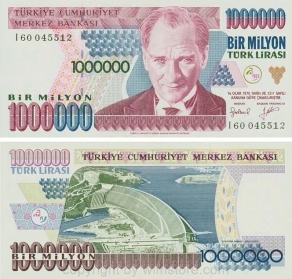 Türkei, P 209b, 1000000 Lira, Law 1970 (1995), Sign. Gazi Ercel u. Selçuk Abac