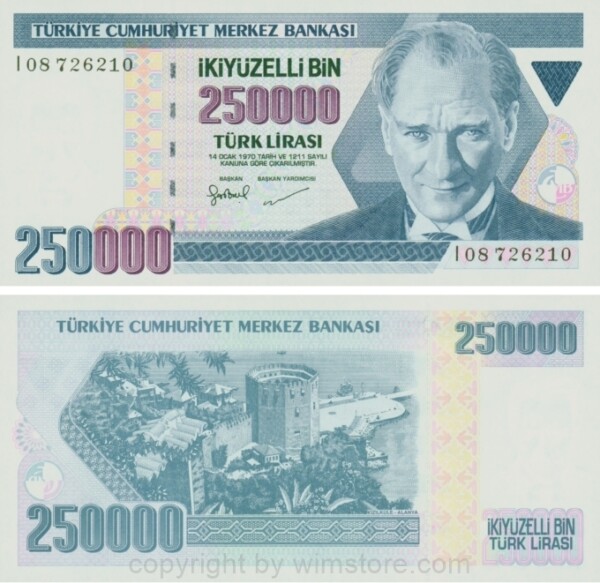 Türkei, P 211, 250000 Lira, Law 1970 (1998), Sign. Gazi Ercel u. Şükrü Binay