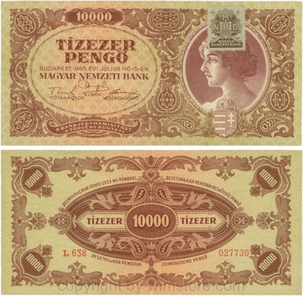 Ungarn, P 119b1, 1000 Pengö, 15.07.1945, das B auf der Marke fehlerfrei