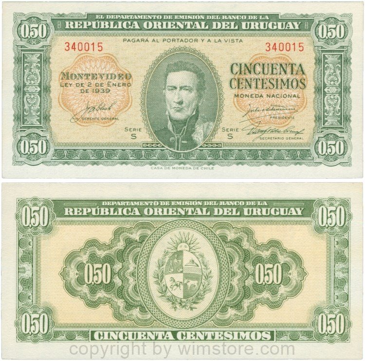 Uruguay, P 034, 50 Centesimos 1939
