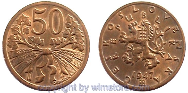 Tschechoslowakei, 50 Haleru 1947 - 1950, KM 21, Bronze