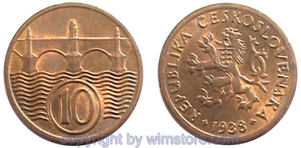 Tschechoslowakei, 10 Haleru 1922 - 1938, KM 3, Bronze