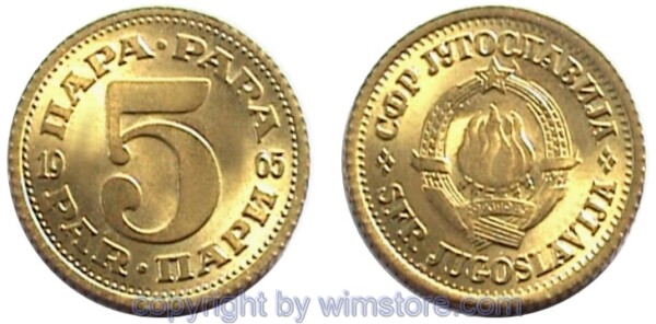Jugoslawien, 5 Para 1965 - 1981, KM 43, Messing