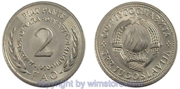 Jugoslawien, 2 Dinara 1970, FAO, KM 55, Ku/Ni/Zink