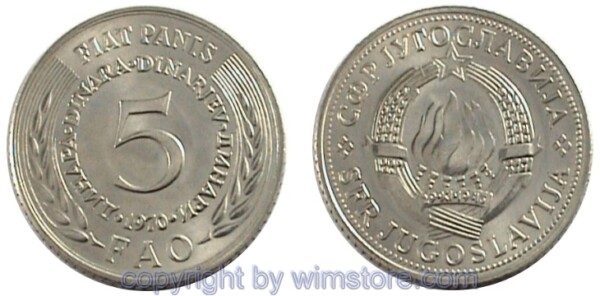 Jugoslawien, 5 Dinara 1970, FAO, KM 56, Ku/Ni/Zink
