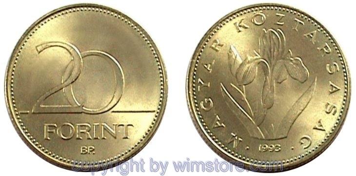 Ungarn, 20 Forint 1992 - 2011, KM 696, Ni/Me