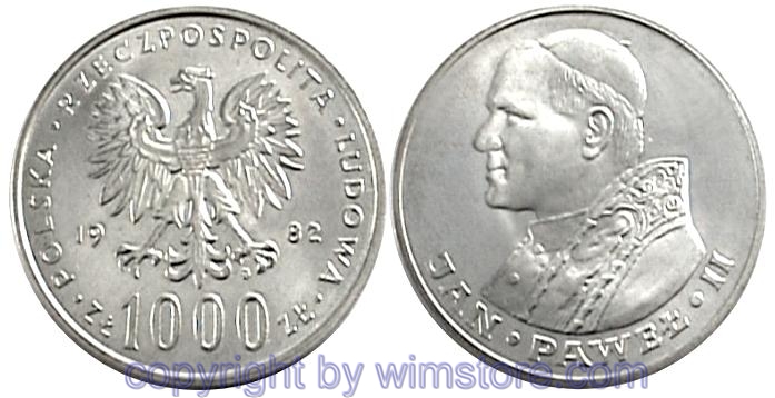 Polen, 1000 Zlotych 1982, 1983, Papst Johannes Paul II., Y 144, Silber