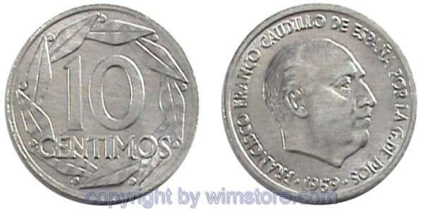 Spanien, 10 Centimos 1959, KM 790, Aluminium