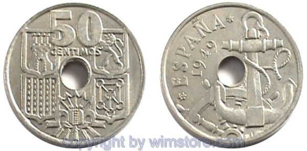 Spanien, 50 Centimos 1949, 1963, KM 777, Ku/Ni