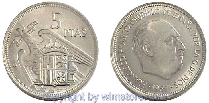 Spanien, 5 Pesetas 1957, KM 786, Ku/Ni