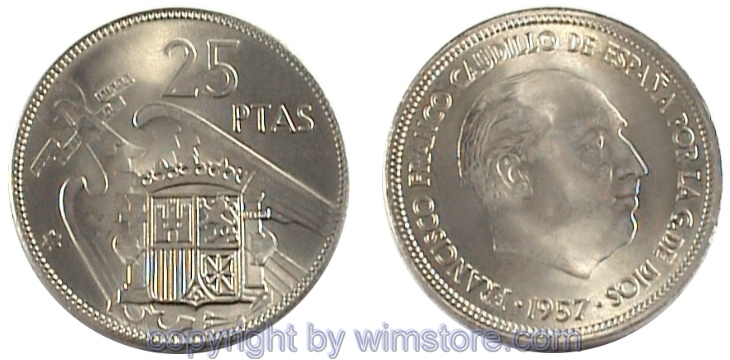 Spanien, 25 Pesetas 1957, KM 787, Ku/Ni