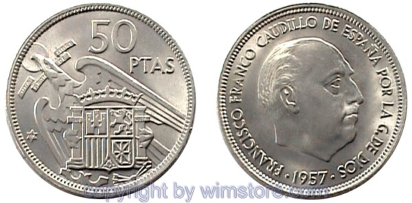 Spanien, 50 Pesetas 1957, KM 788, Ku/Ni