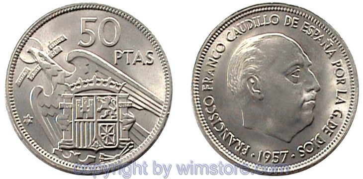 Spanien, 50 Pesetas 1957, KM 788, Ku/Ni