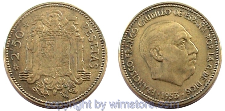 Spanien, 2 1/2 Pesetas 1953, KM 785, Alu/Bro