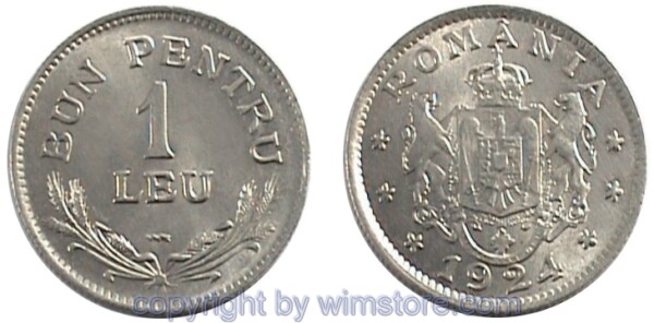 Rumänien, 1 Leu 1924, KM 46, Ku/Ni