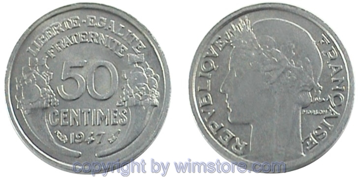 Frankreich, 50 Centimes 1941 - 1947, KM 894.1a, Aluminium