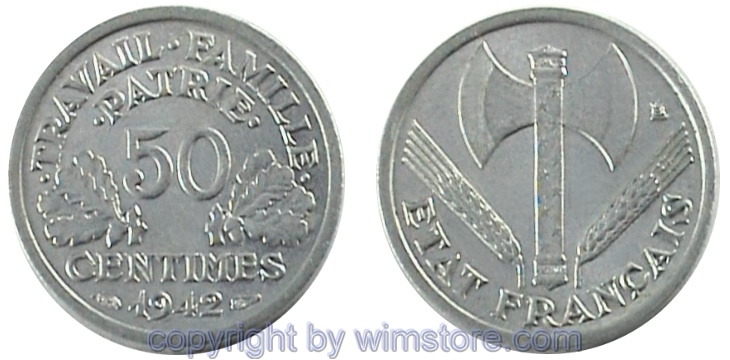 Frankreich, 50 Centimes 1942 - 1944, KM 914, Aluminium