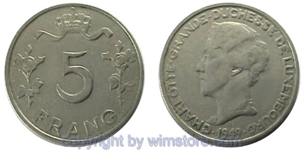 Luxemburg, 5 Francs 1949, KM 50, Ku/Ni