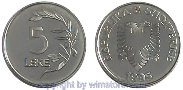 Albanien, 5 Leke 1995, 2000, 2011, KM 76, Stahl vernickelt