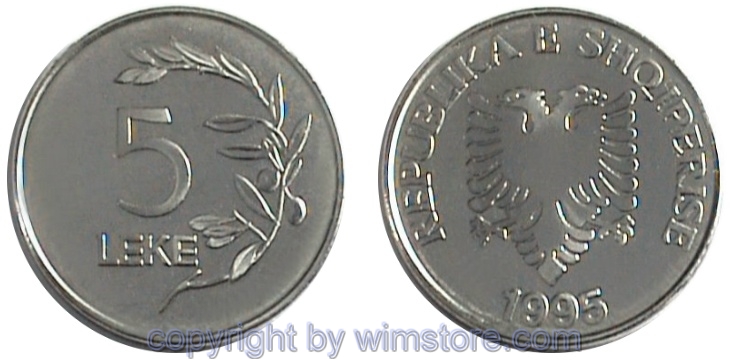 Albanien, 5 Leke 1995, 2000, 2011, KM 76, Stahl vernickelt
