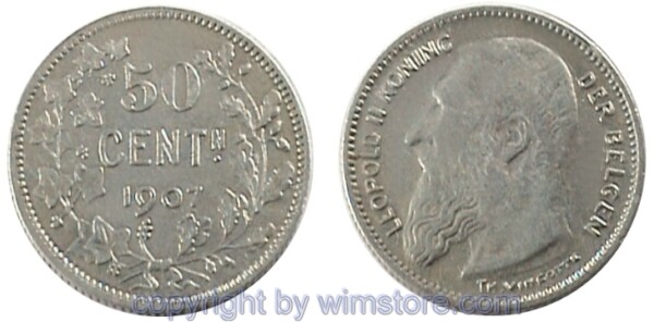 Belgien FL, 50 Centiemen 1907 und 1909, mit Punkt, KM 61.1, Silber