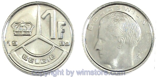 Belgien FL, 1 Frank 1989 - 1993, KM 171, Eisen-Ni plattiert