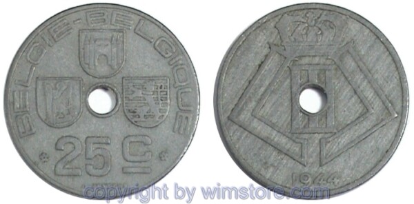 Belgien FL, 25 Centiemen 1942 - 1947, KM 132, Zink