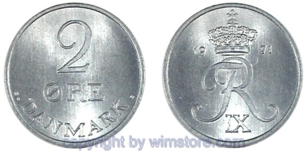 Dänemark, 2 Öre 1956 - 1971 C-S, 1972 S-S, KM 840, Zink